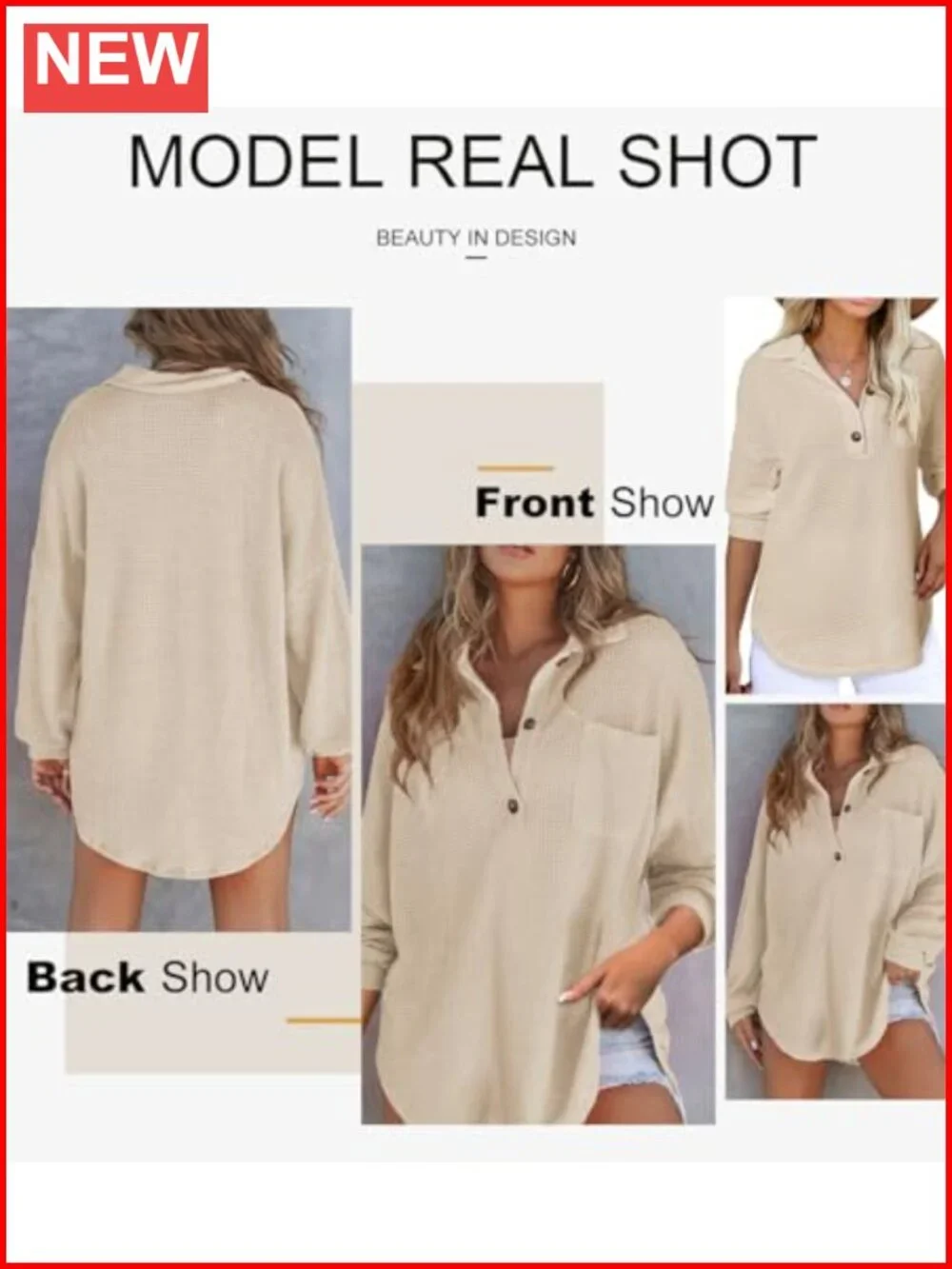 Waffle Knit Henley Top Oversized Tunic Button Down Long Sleeve